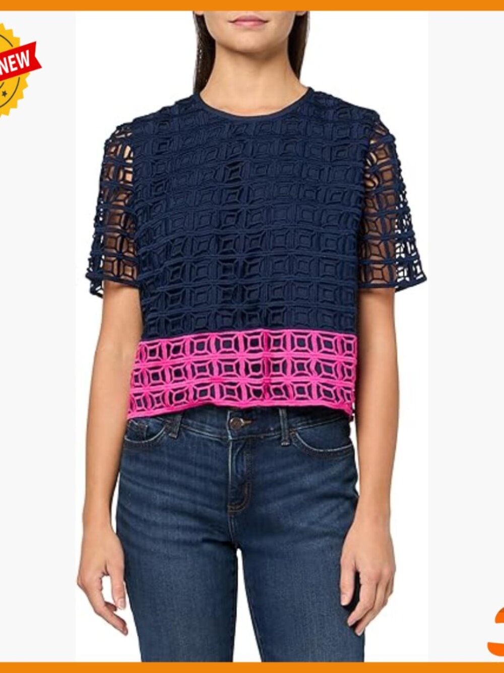 Short Sleeve Cropped Blouse Lace Boxy Fit Color Block Top